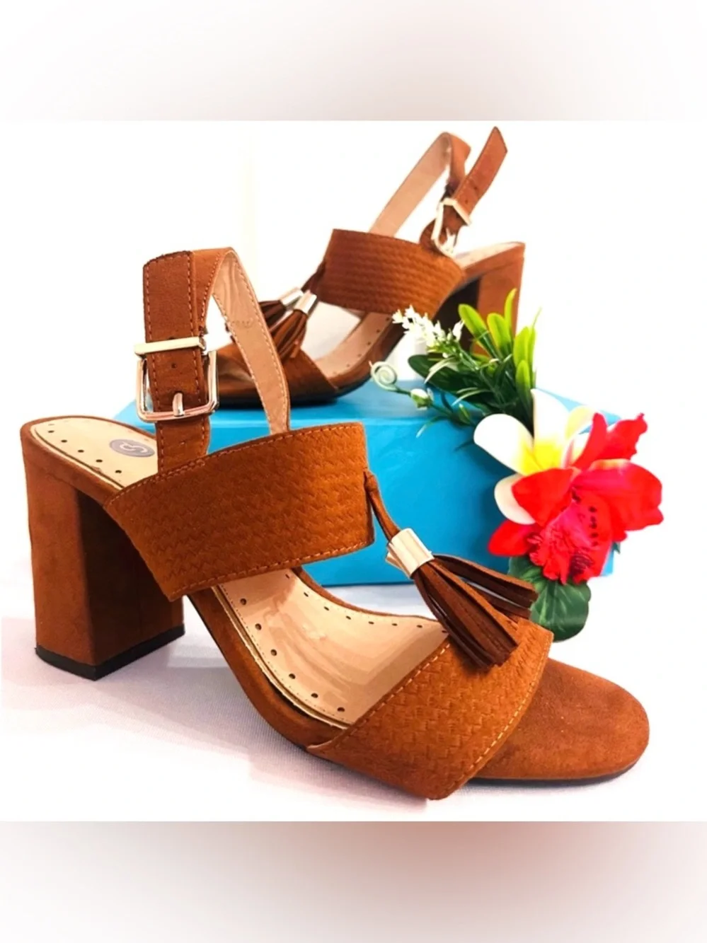 GABBY ~ Camel Brown Suede Sandals/Tassel Details and 3” Block Heel